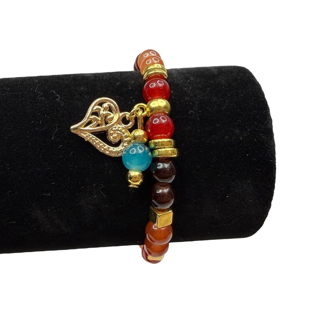 Colorful Glass Bohemian Heart Charm Beaded Bracelet Gold Tone Stretch Wrist Sz 6